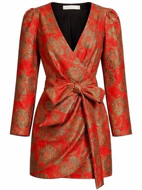 Happy Nature Red & Gold Floral Jacquard Wrap Mini Dress Size 12 NWT
